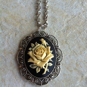 Black & Antique White Rose Cameo Necklace Gothic